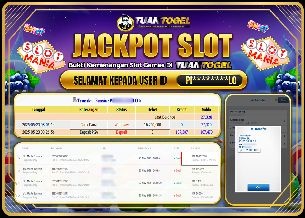 TUANTOGEL JACKPOT SLOT MANIA BONANZA Rp16.200.000 - LUNAS